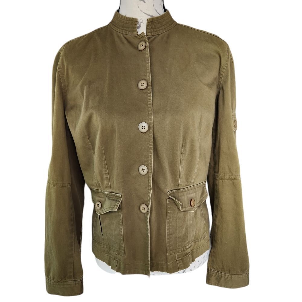 August Silk olive green jacket front pockets size 10